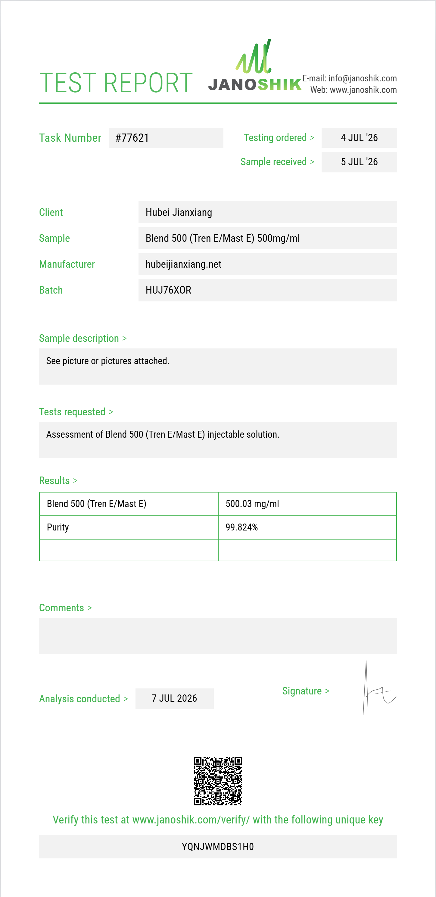 Blend 500 (Tren E/Mast E) Purity (HPLC) report by Janoshik Analytical