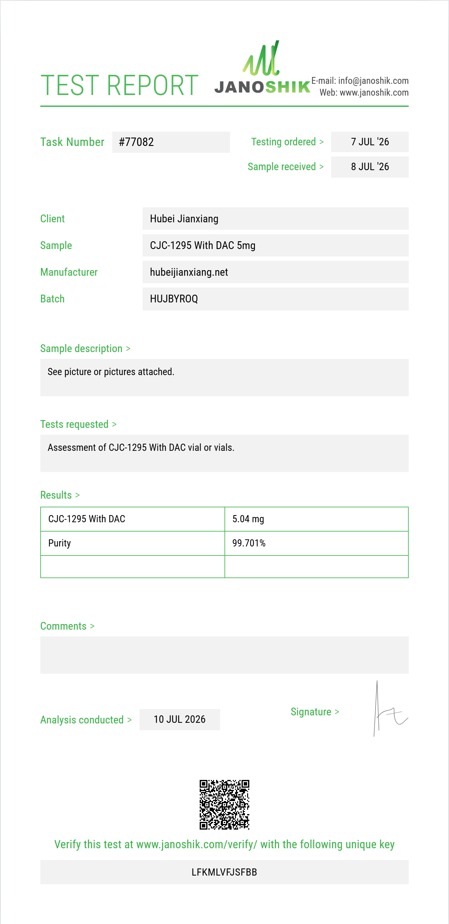CJC-1295 With DAC Purity (HPLC) report by Janoshik Analytical