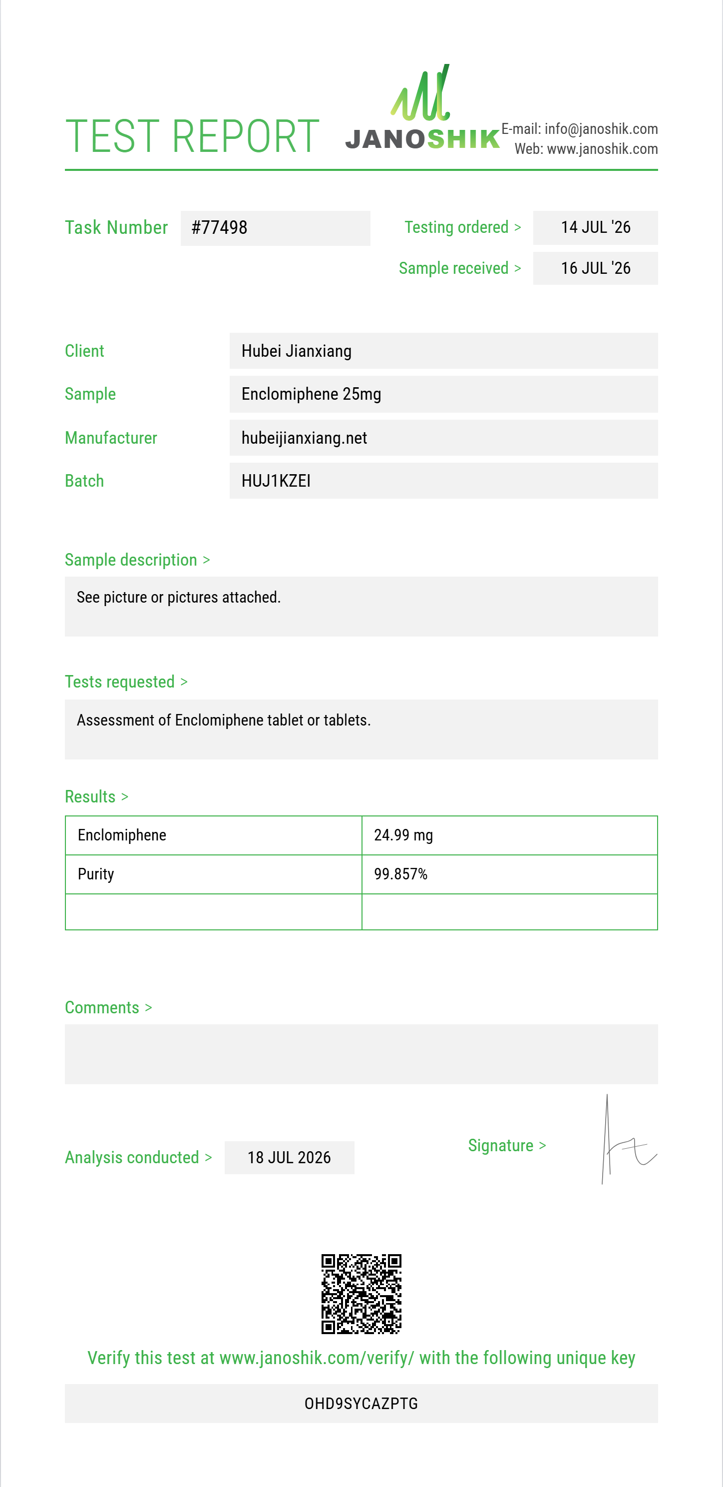 Enclomiphene Purity (HPLC) report by Janoshik Analytical