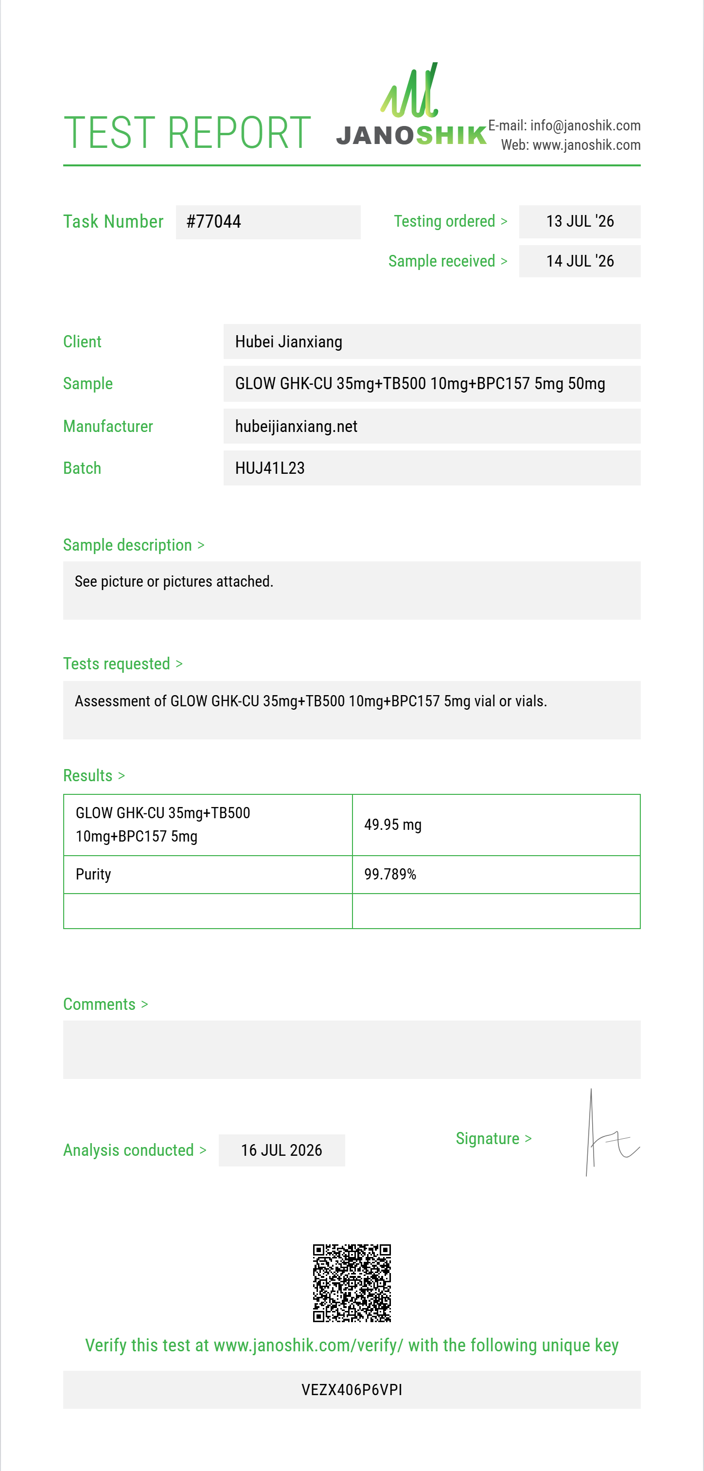 GLOW GHK-CU 35mg+TB500 10mg+BPC157 5mg Purity (HPLC) report by Janoshik Analytical