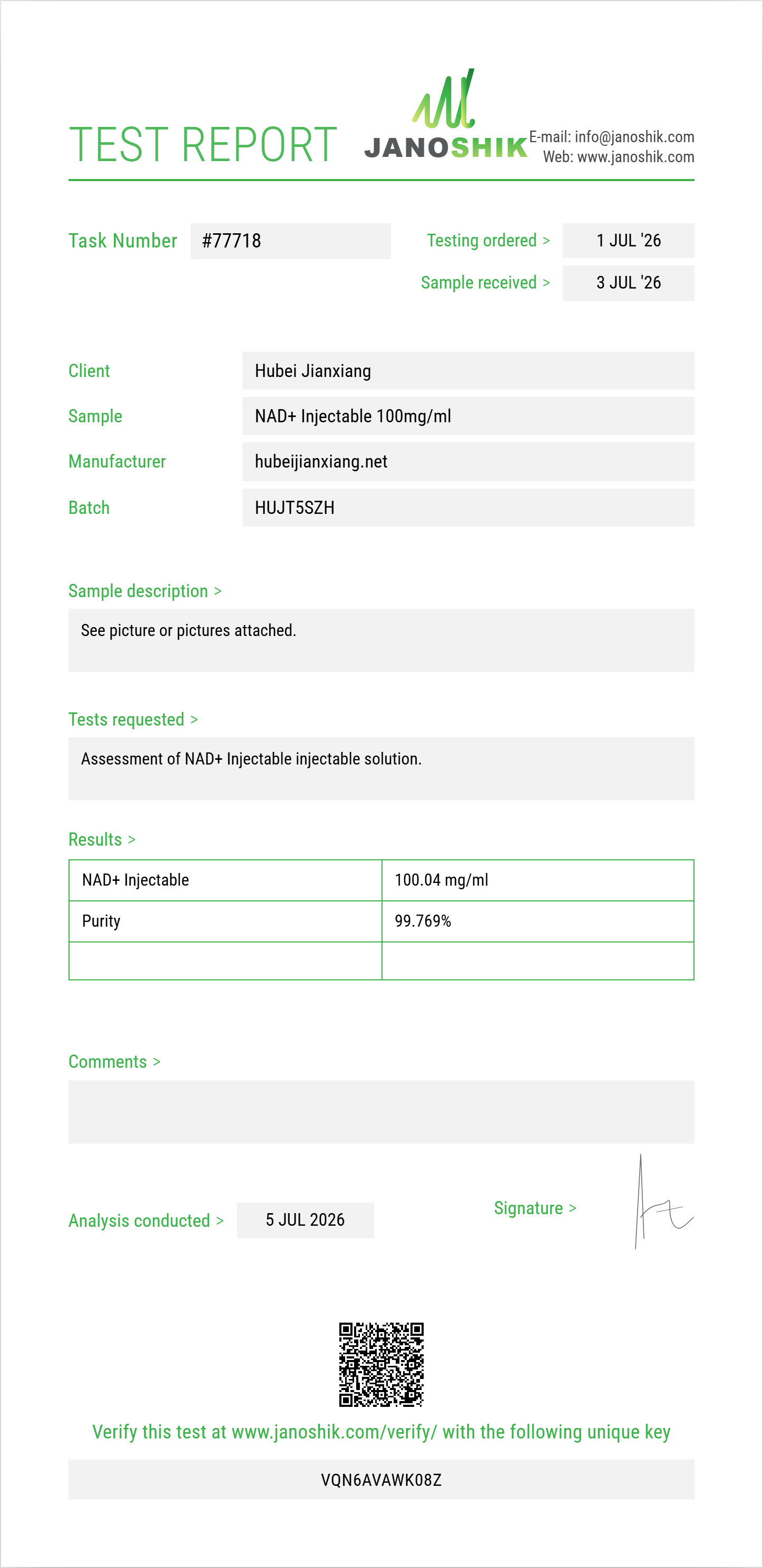 NAD+ Injectable Purity (HPLC) report by Janoshik Analytical