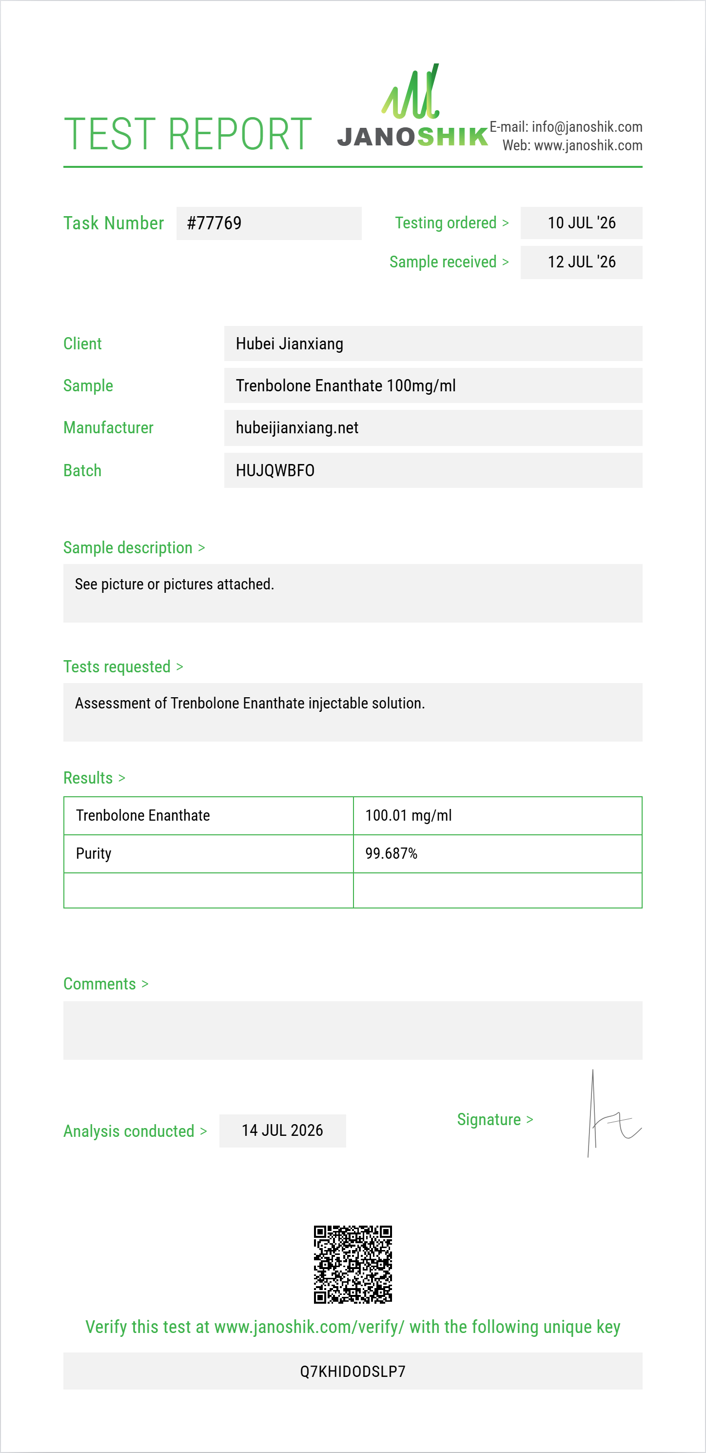 Trenbolone Enanthate Purity (HPLC) report by Janoshik Analytical