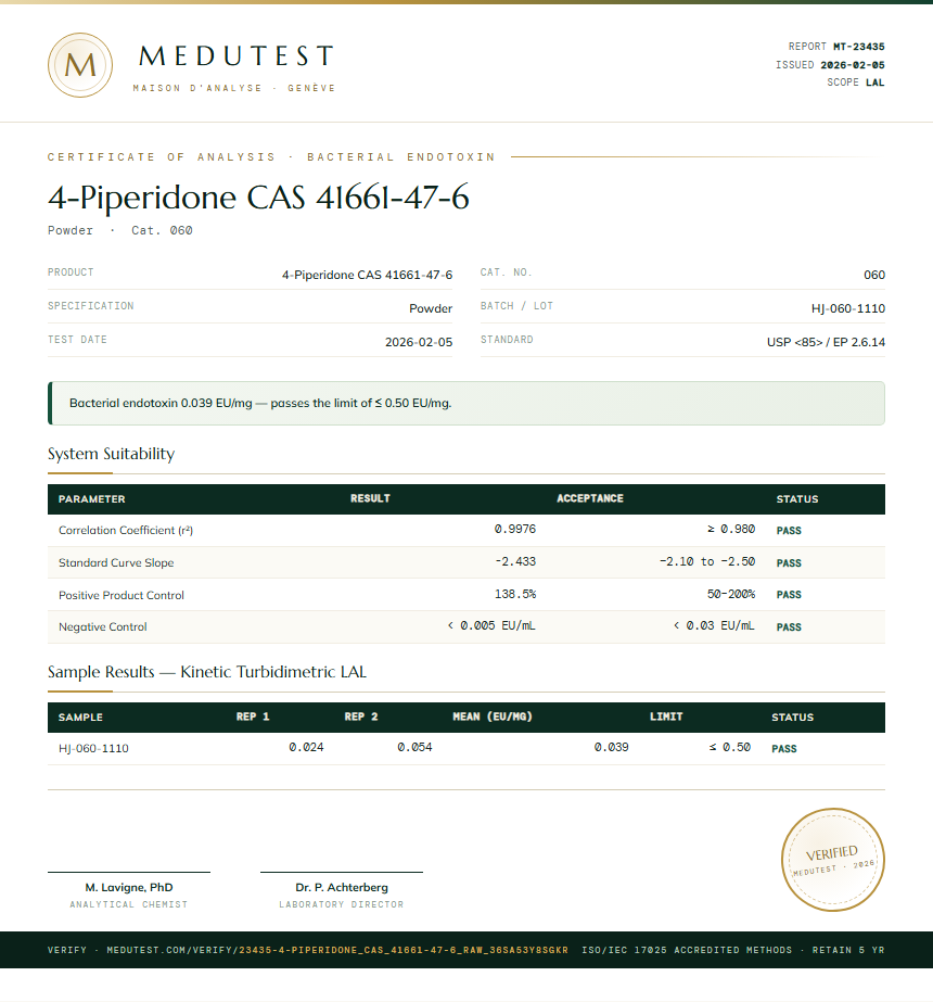 4-Piperidone CAS 41661-47-6 Endotoxin report by Medutest