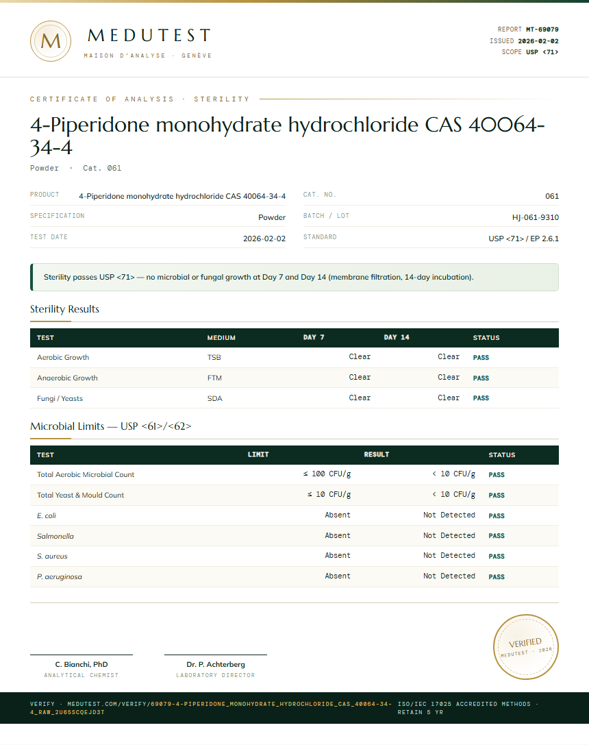 4-Piperidone monohydrate hydrochloride CAS 40064-34-4 Sterility report by Medutest