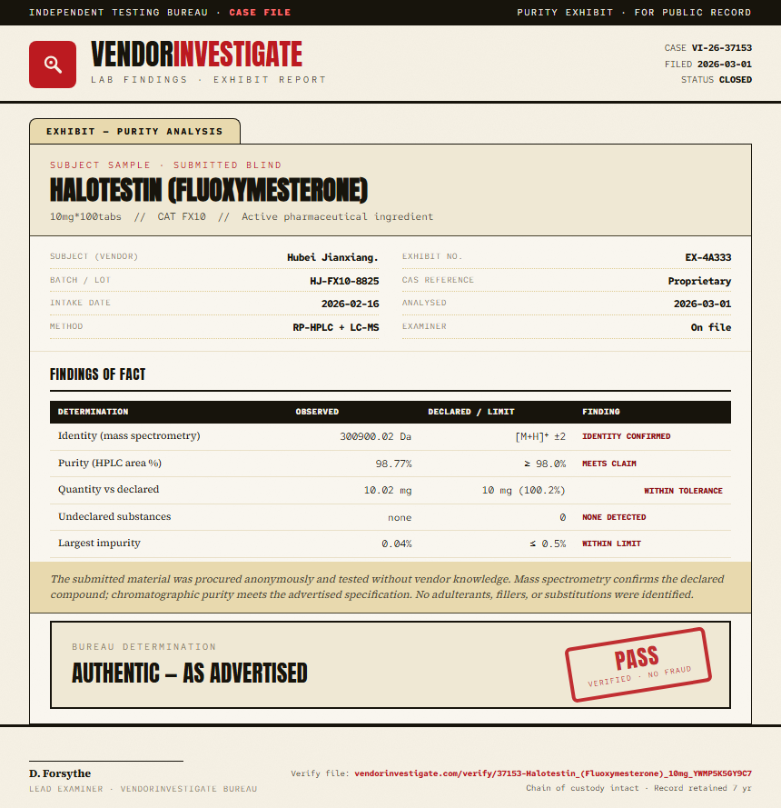 Halotestin (Fluoxymesterone) Purity (HPLC) report by VendorInvestigate