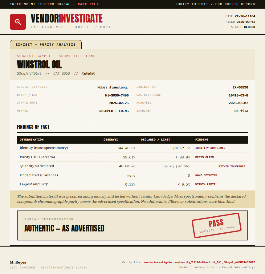 Winstrol Oil Purity (HPLC) report by VendorInvestigate