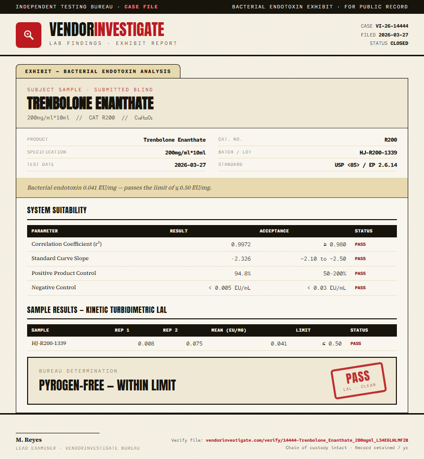 Trenbolone Enanthate Endotoxin report by VendorInvestigate