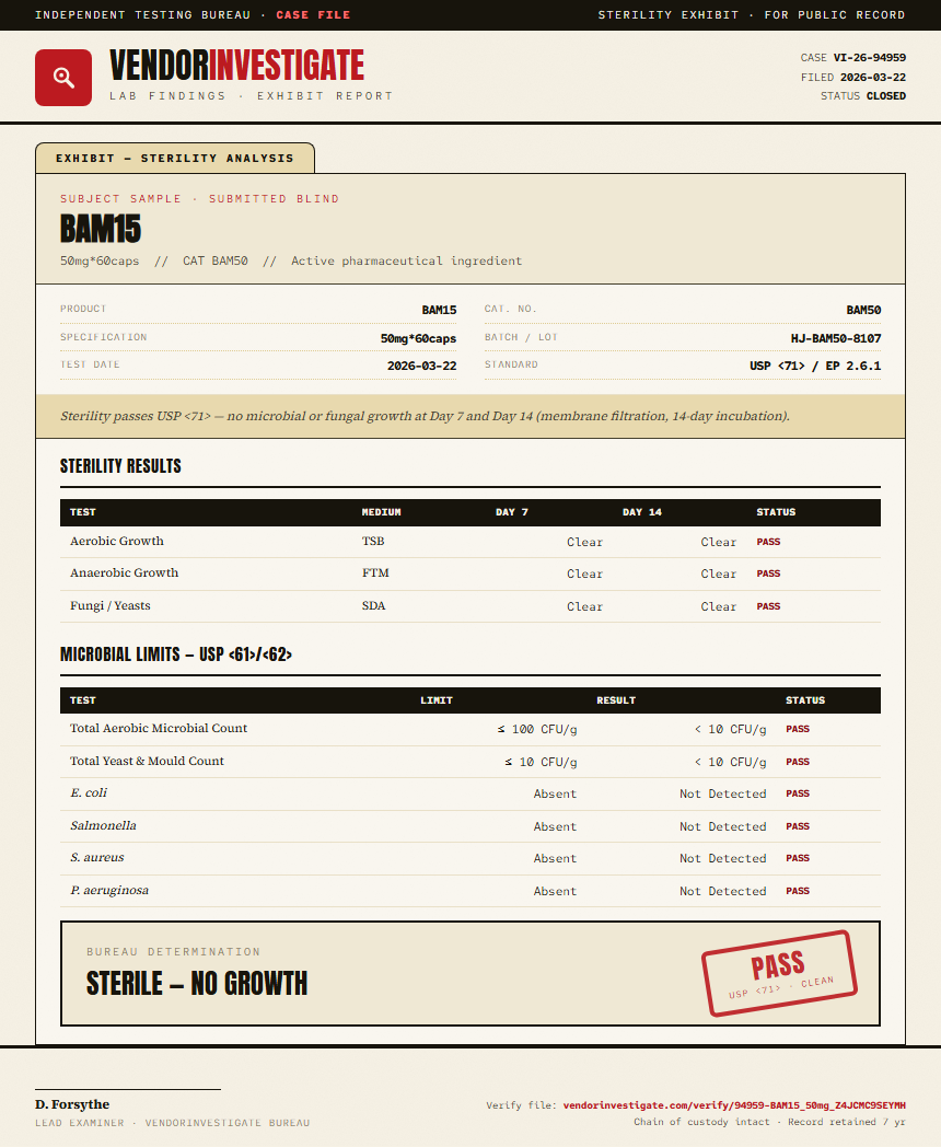 BAM15 Sterility report by VendorInvestigate